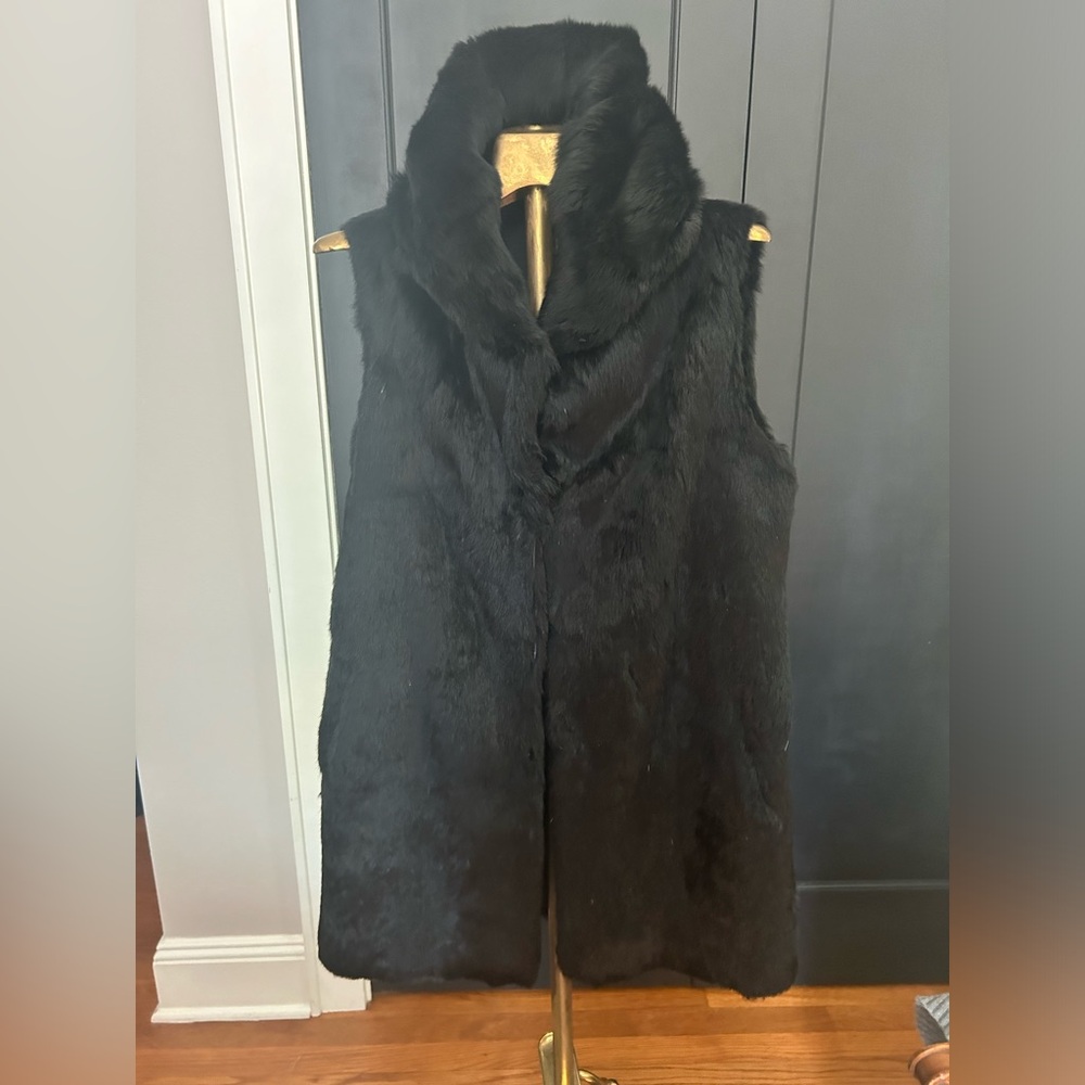 Vintage black rabbit fur hooded vest.